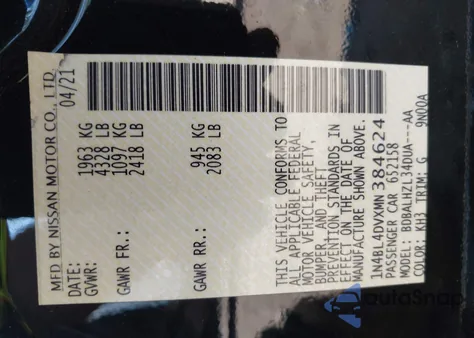 2021 Nissan Altima Sv Fwd из США, поврежденный, VIN 1N4BL4DVXMN384624